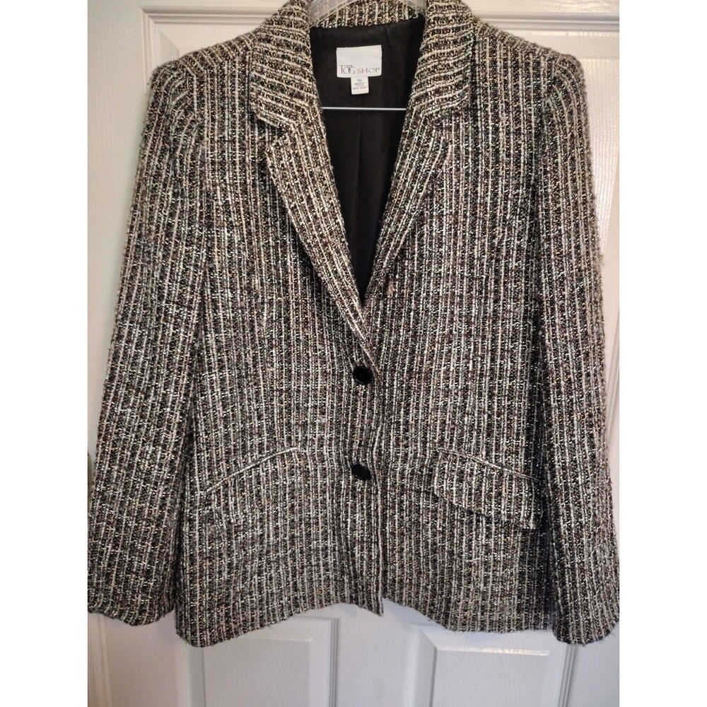 Vintage The TQ Shop Black White Plaid Tweed Lined Notch Lapel Blazer Women 16